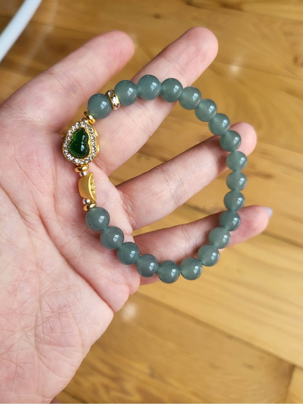 Gold-Accent Green Bead Stretch Bracelet with Jade peace-boxed Charm